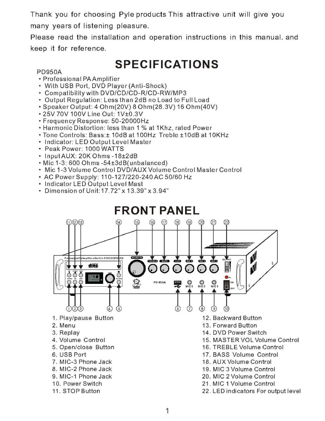 PYLE Audio PD950A owner manual 