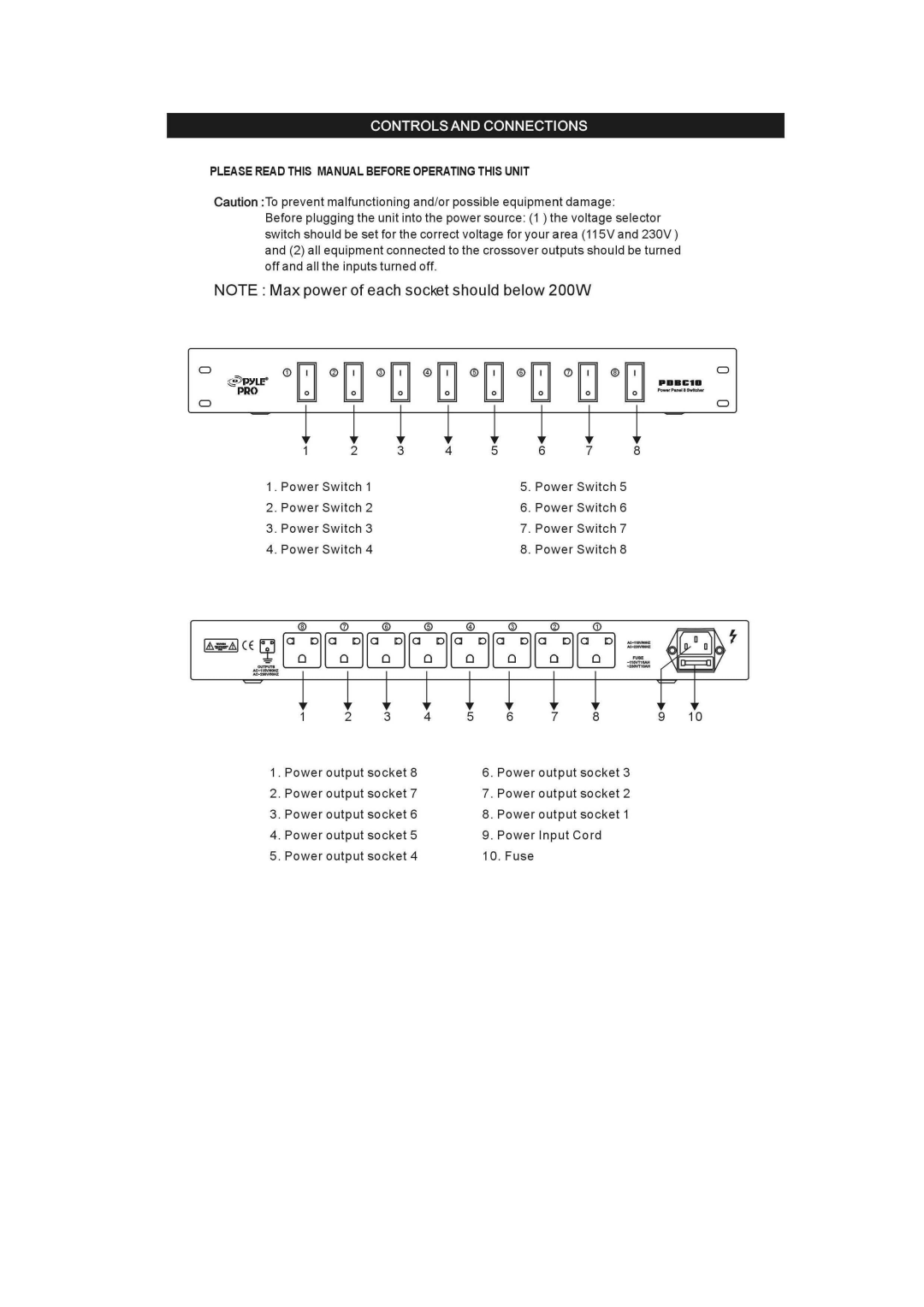 PYLE Audio PDBC10 owner manual Controls and Connections, Please Read this Manual Before Operating this Unit 