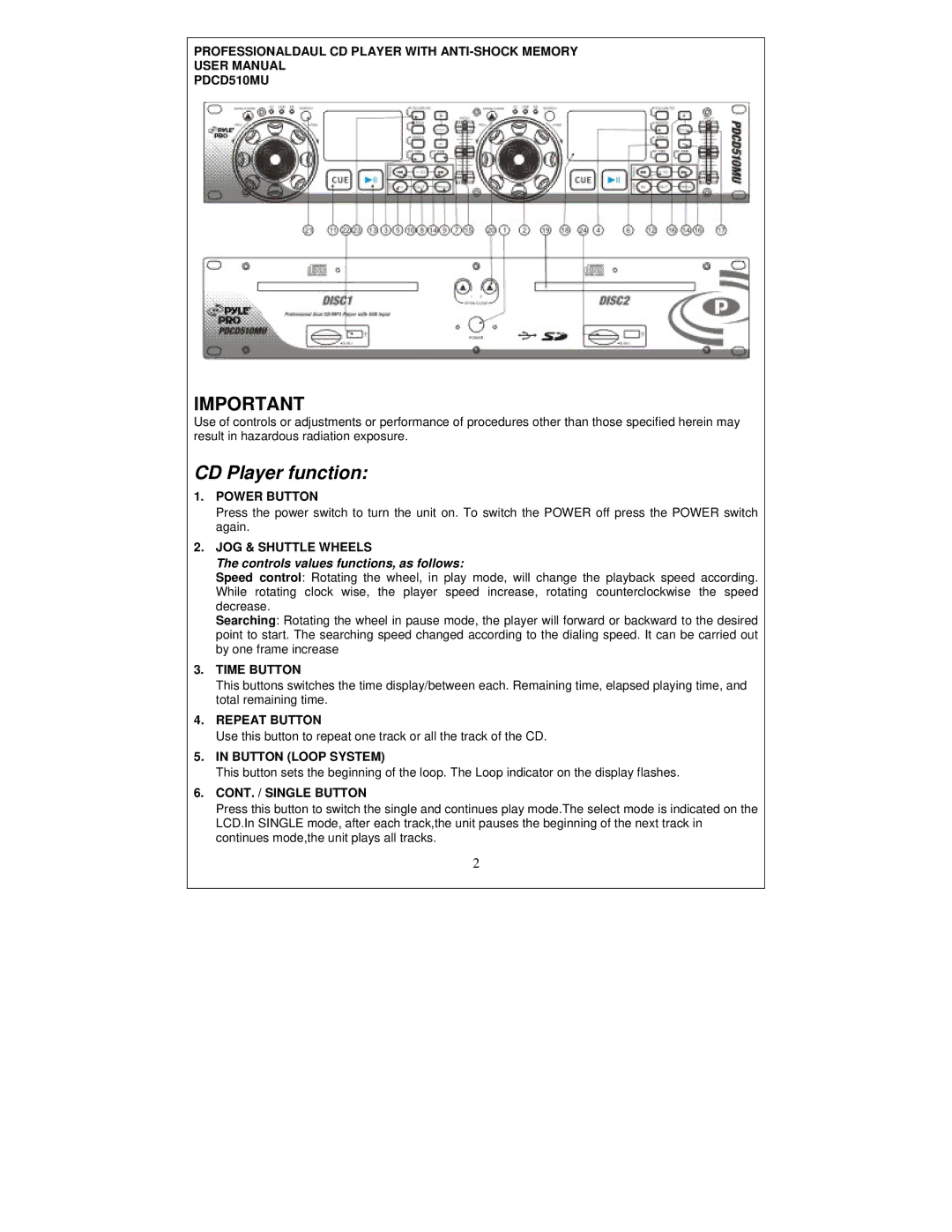 PYLE Audio PDCD510MU manual CD Player function 