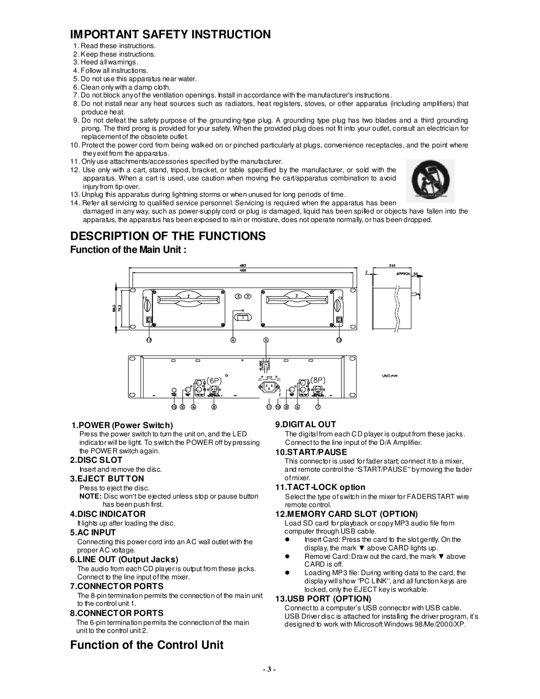 PYLE Audio PDCD6000MP manual Important Safety Instruction, Description of the Functions, Function of the Control Unit 