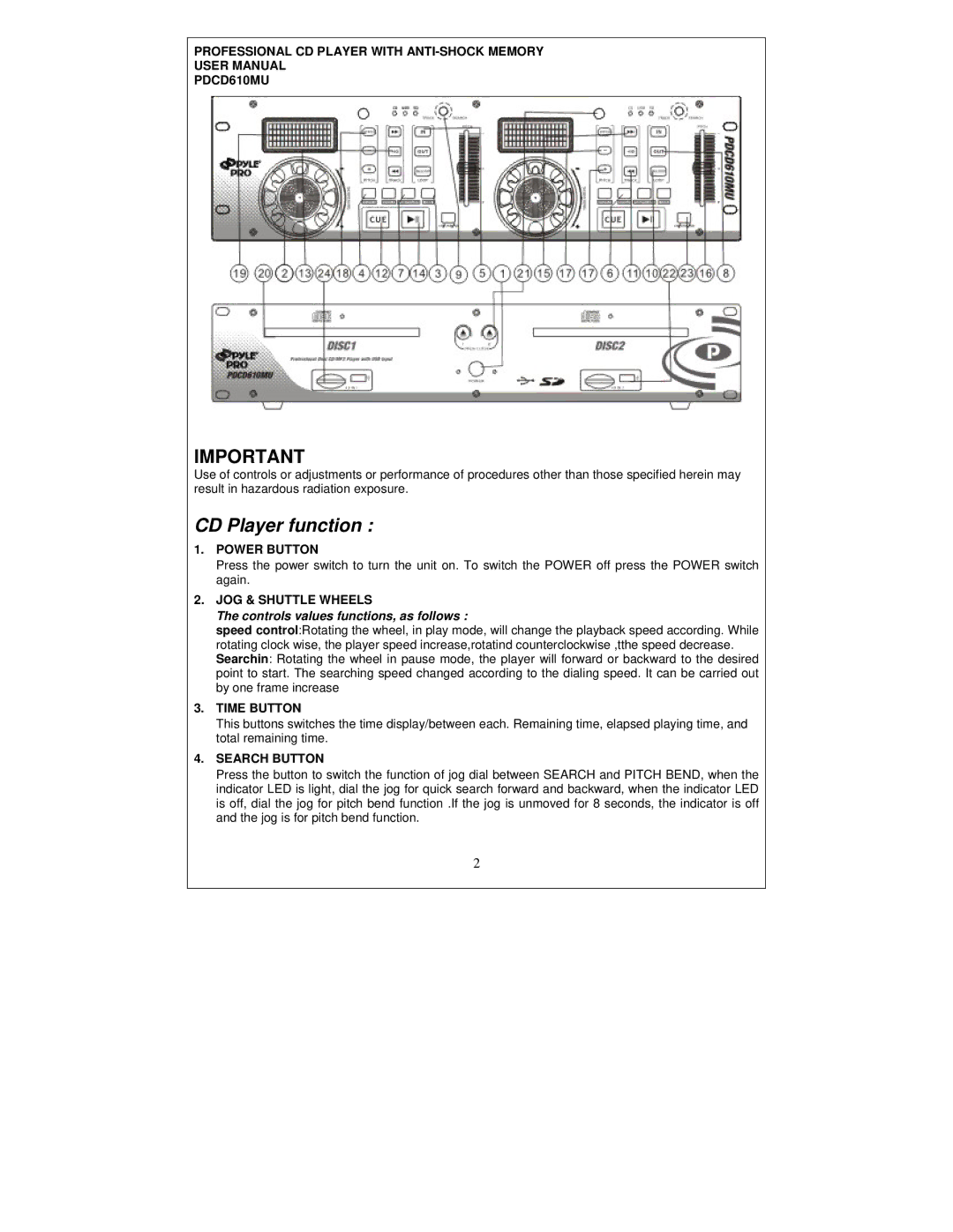 PYLE Audio PDCD610MU manual CD Player function 