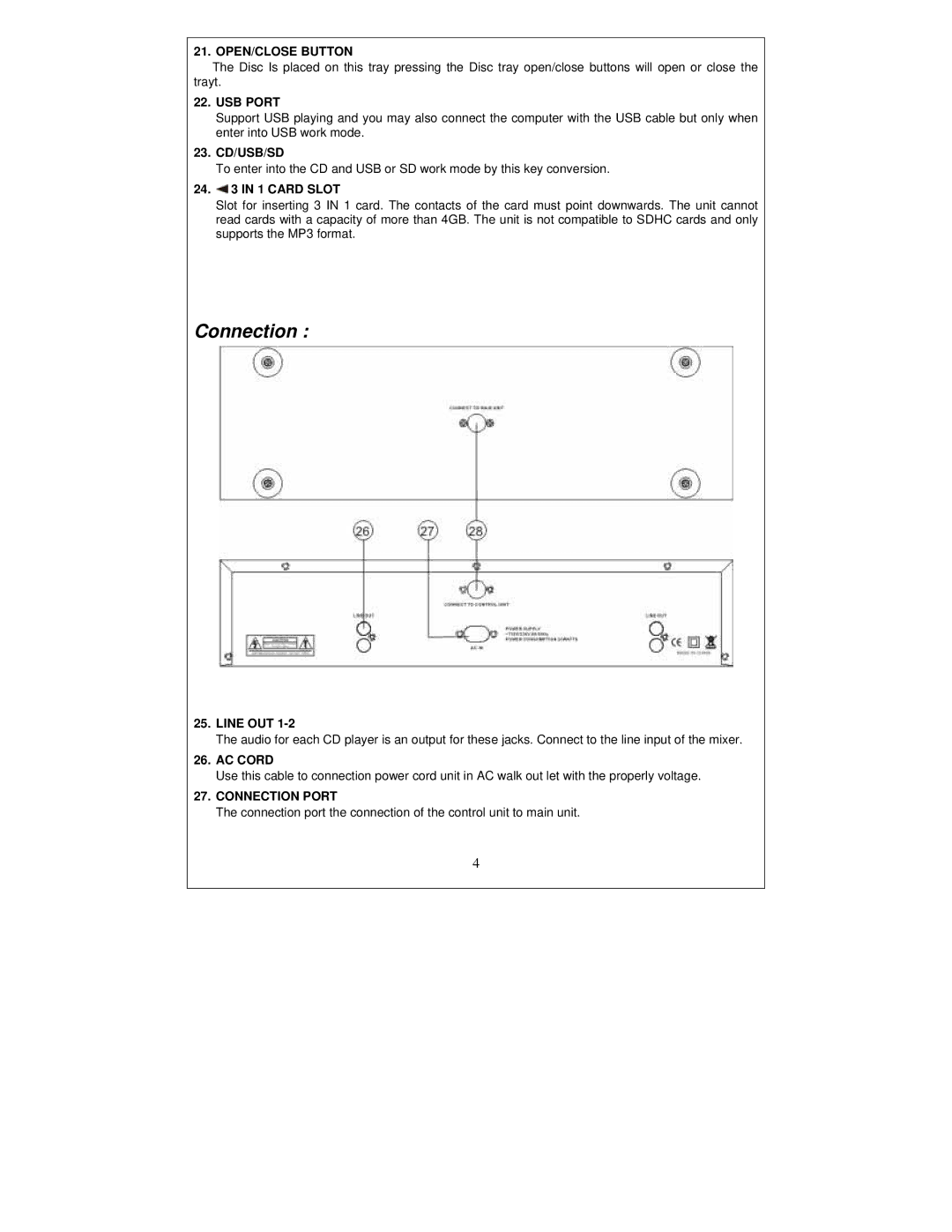 PYLE Audio PDCD610MU manual Connection 