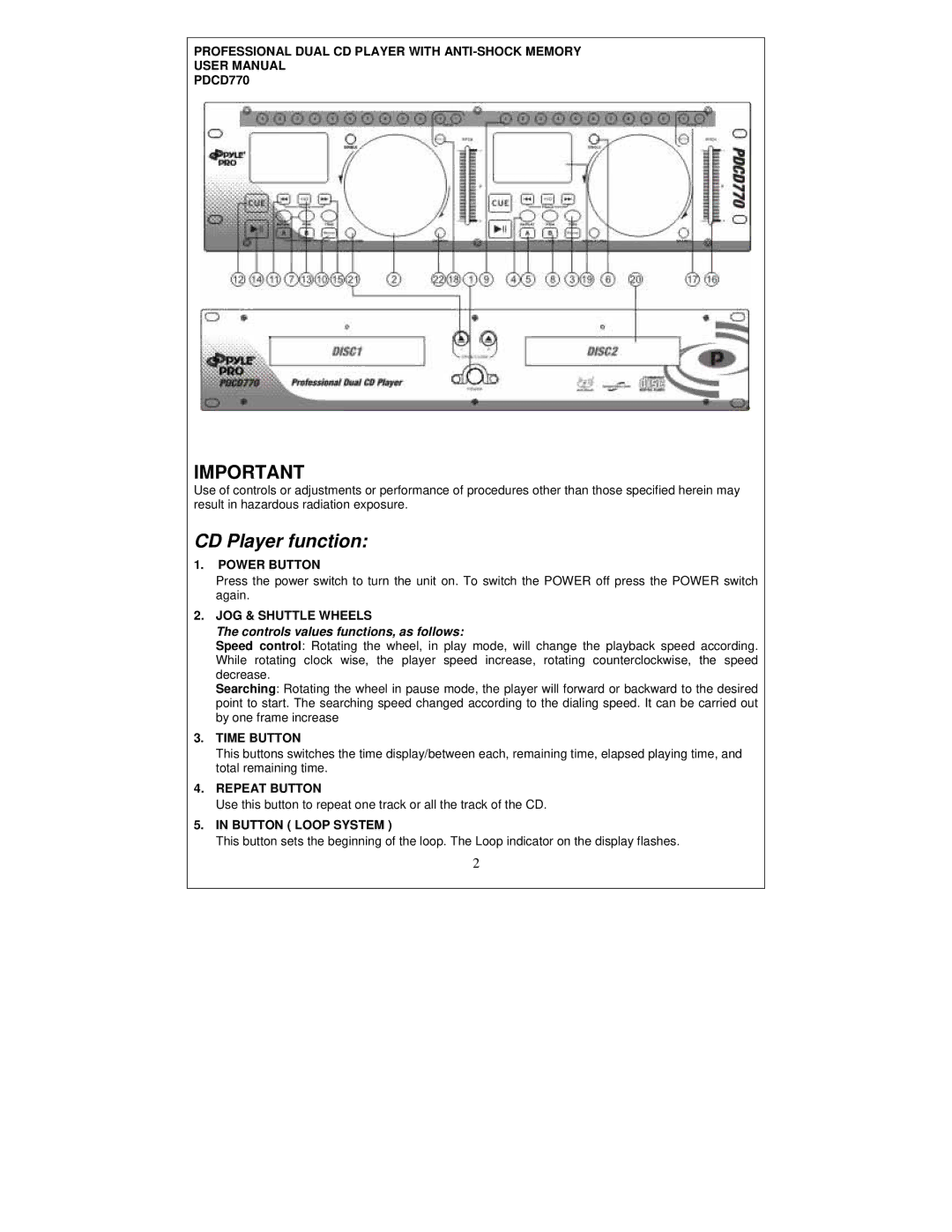 PYLE Audio PDCD770 manual CD Player function 