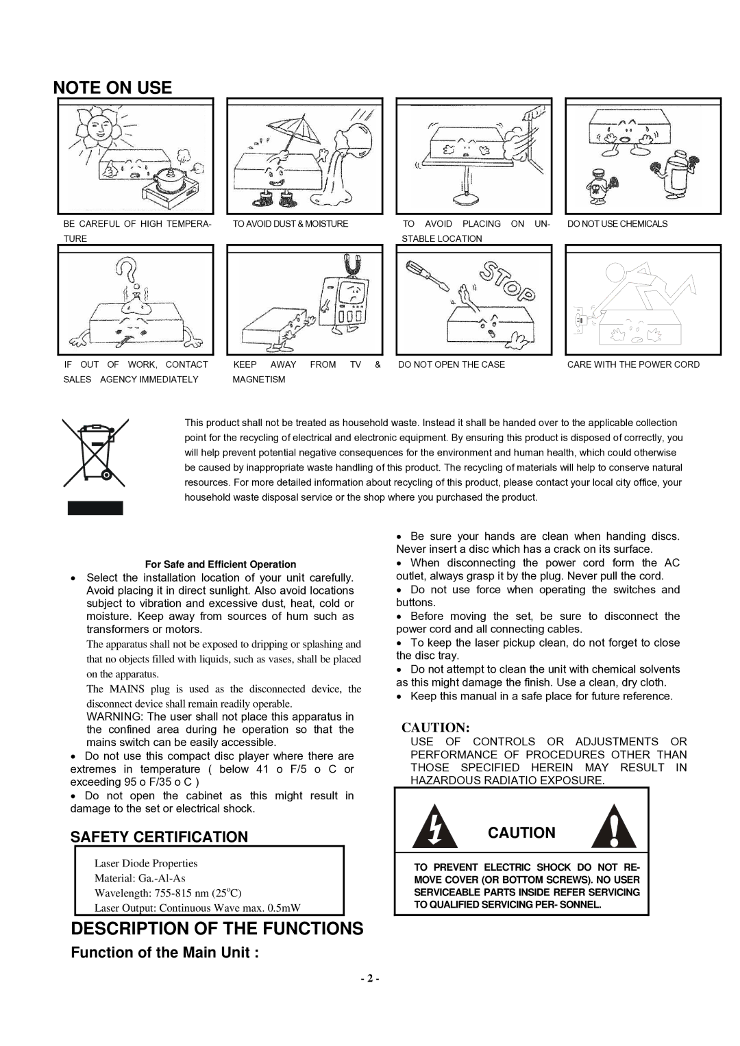 PYLE Audio PDCD940MP manual Description of the Functions, Function of the Main Unit, For Safe and Efficient Operation 