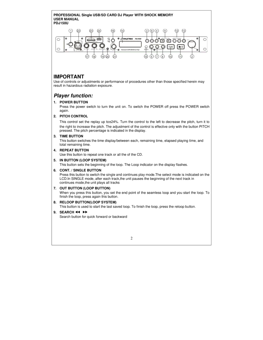 PYLE Audio PDJ150U manual Player function 