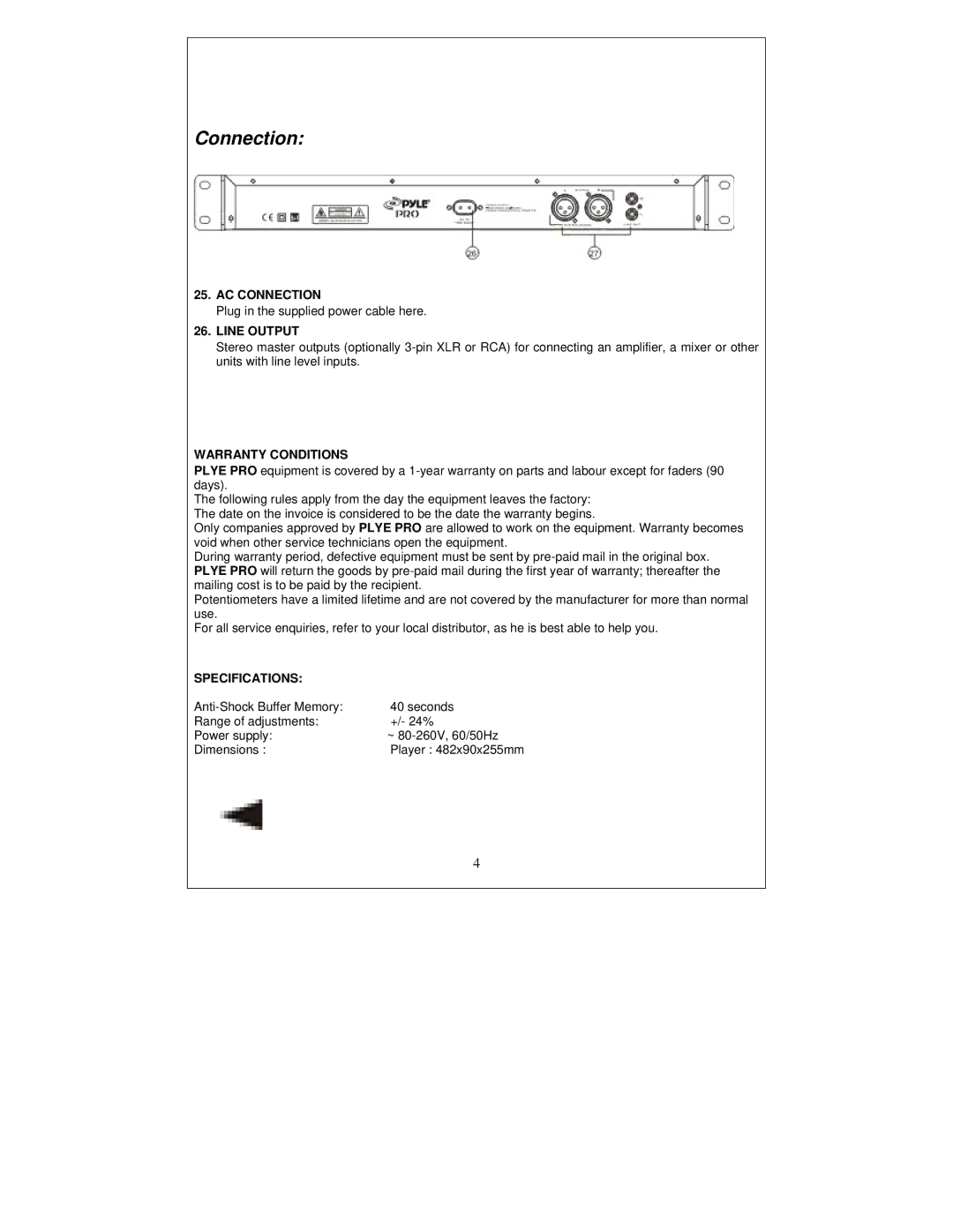 PYLE Audio PDJ150U manual AC Connection, Line Output, Warranty Conditions, Specifications 