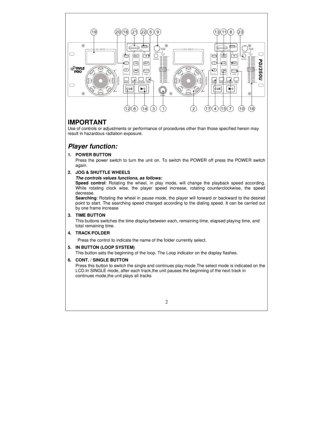 PYLE Audio PDJ250U user manual Player function 