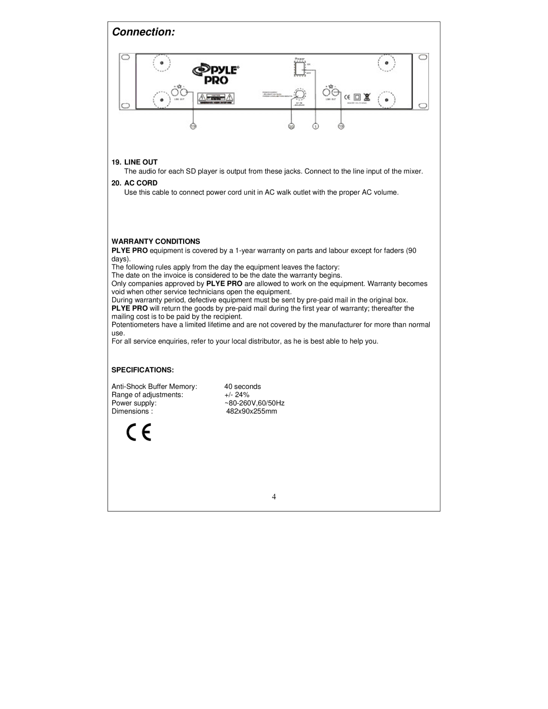 PYLE Audio PDJ250U user manual Connection, Line OUT, AC Cord, Warranty Conditions, Specifications 