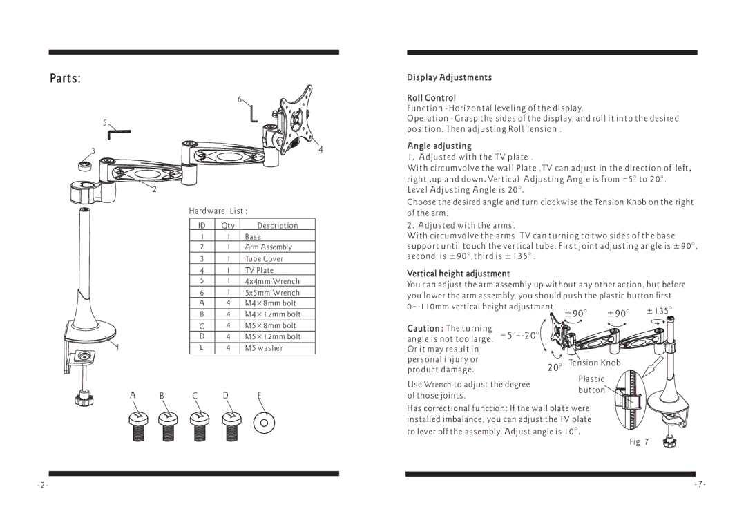 PYLE Audio PDLB372 manual Display Adjustments Roll Control, Vertical height adjustment 