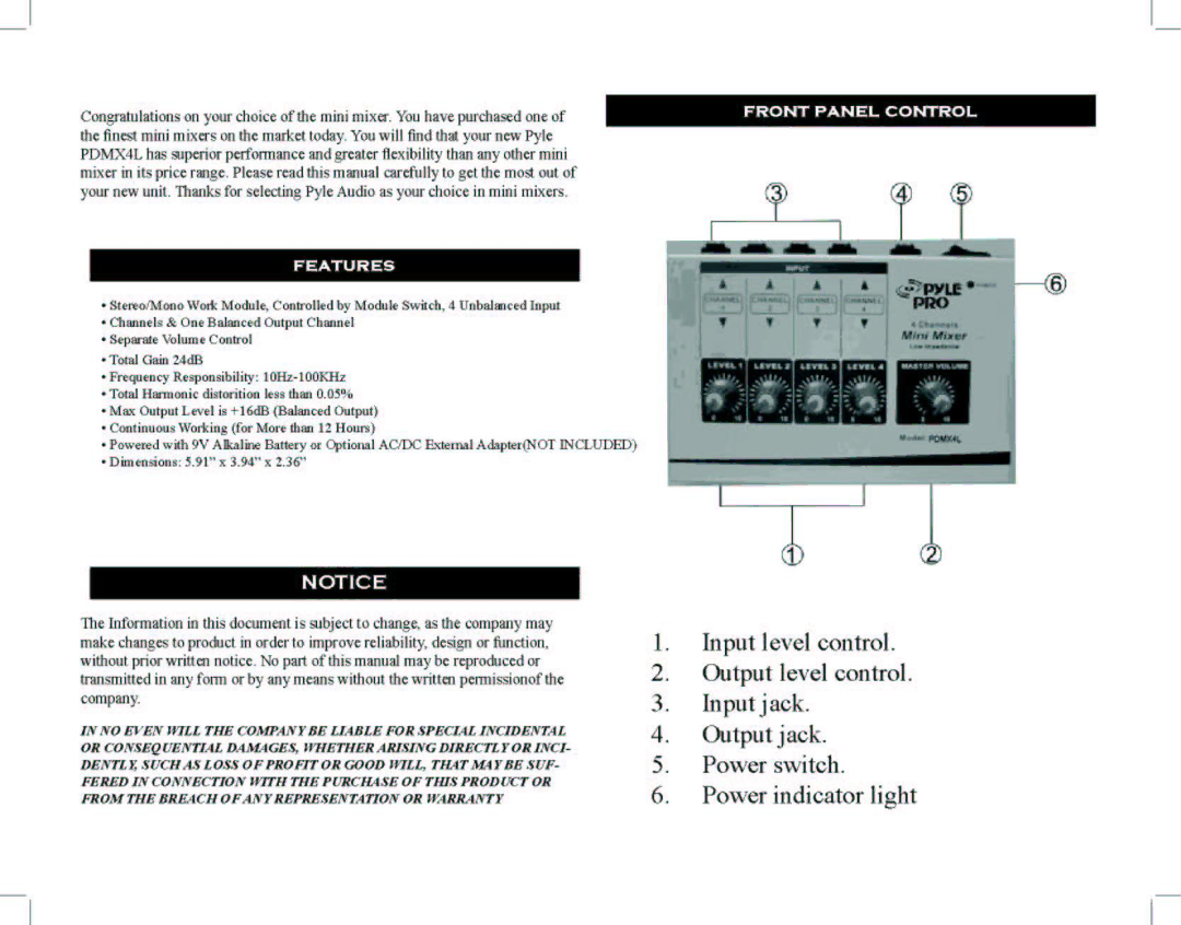 PYLE Audio PDMX4L manual 