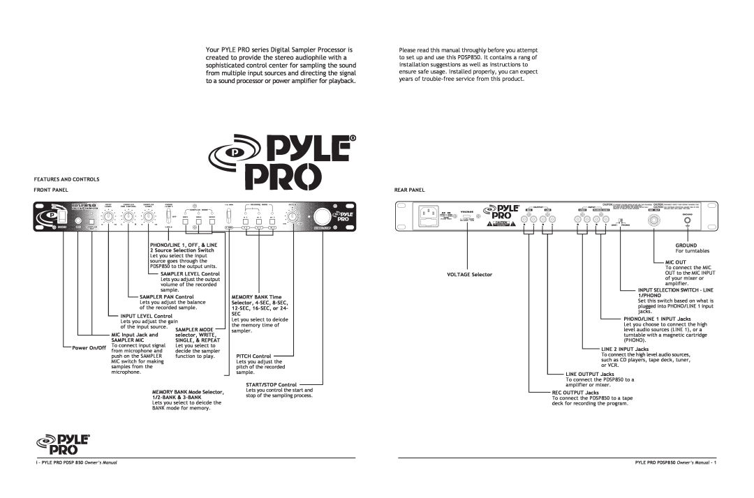 PYLE Audio PDSP850 owner manual Features And Controls 