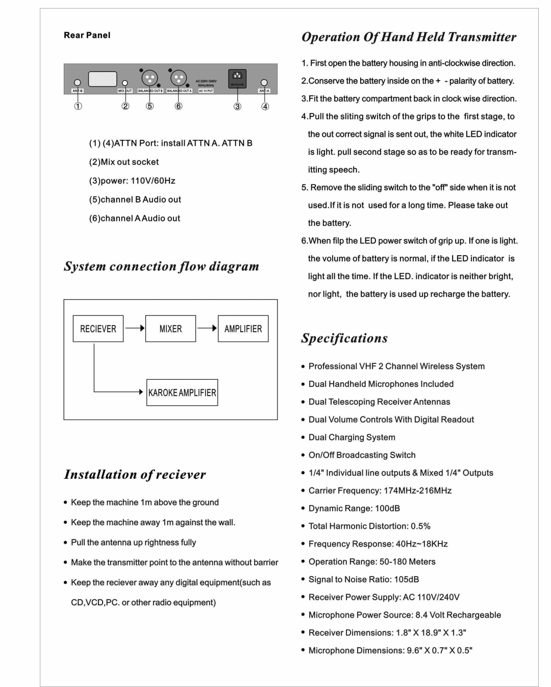 PYLE Audio PDWM 2250 user manual System connection flow diagram, Installation ofreciever, Operation OfHand Held Transmitter 