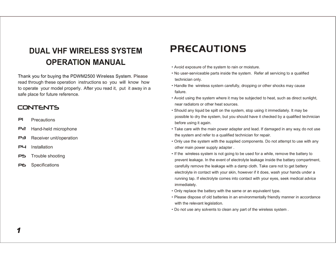 PYLE Audio PDWM 2500 operation manual Dual VHF Wireless System 