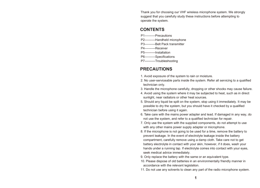 PYLE Audio PDWM2200 user manual Contents, Precautions 