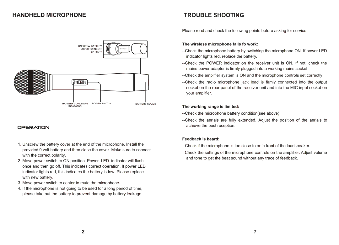 PYLE Audio PDWM2200 Handheld Microphone, Trouble Shooting, Wireless microphone fails fo work, Working range is limited 