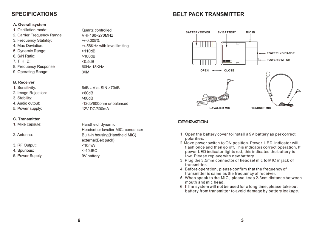 PYLE Audio PDWM2200 user manual Specifications, Belt Pack Transmitter, Overall system, Receiver 