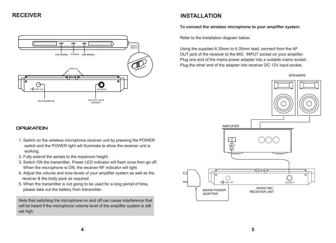 PYLE Audio PDWM2200 user manual Receiver, Installation, To connect the wireless microphone to your amplifier system 