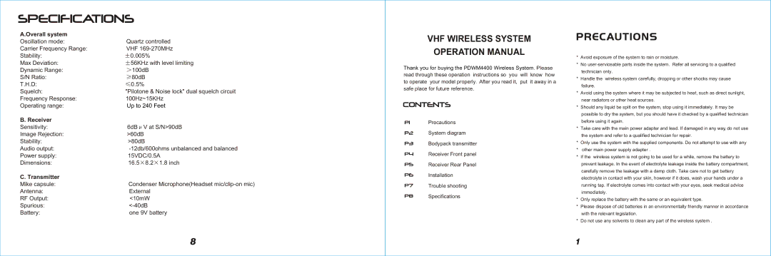 PYLE Audio PDWM4400 operation manual VHF Wireless System 