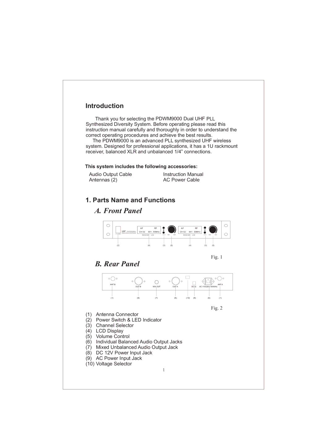 PYLE Audio user manual Introduction, Parts Name and Functions, PDWM9000 is an advanced PLL synthesized UHF wireless 