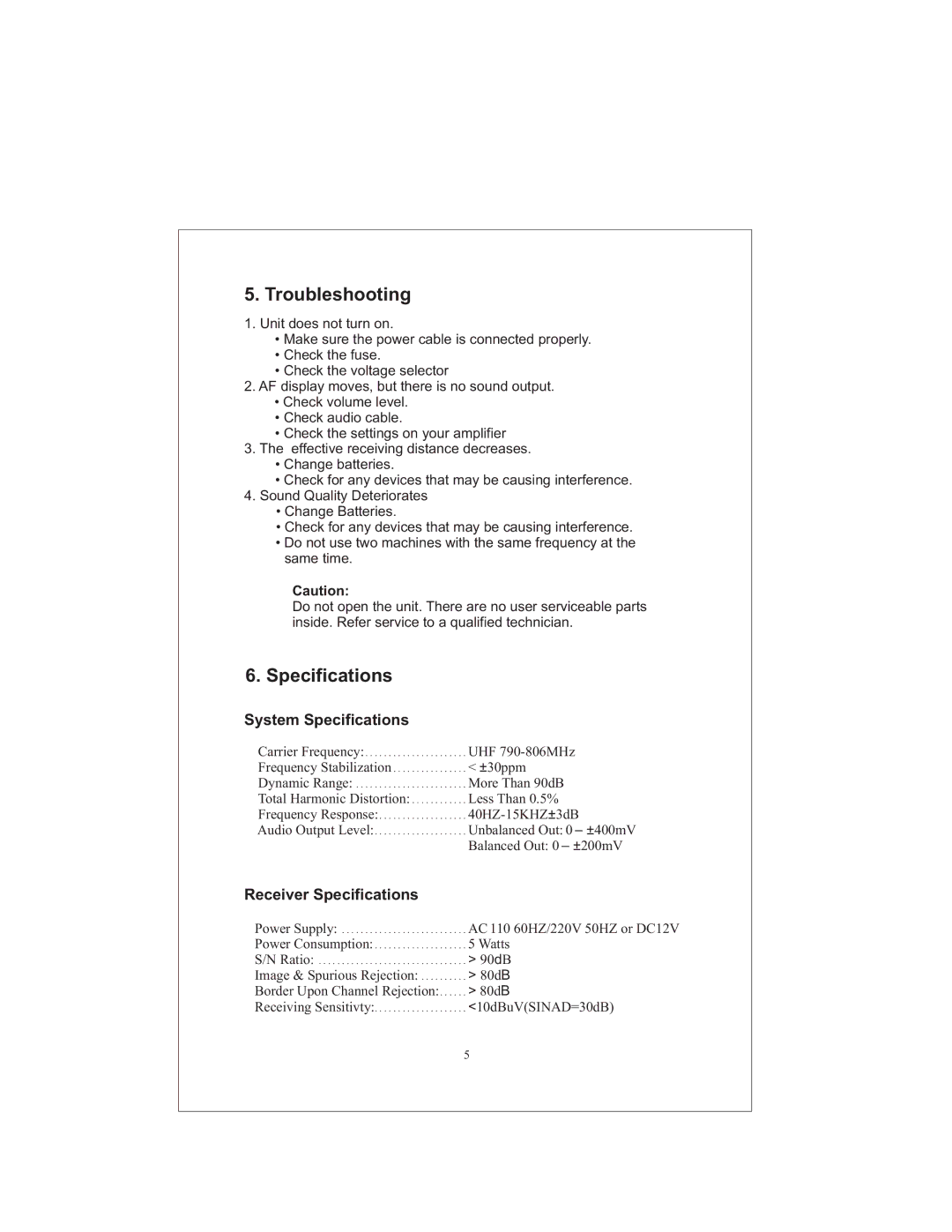 PYLE Audio PDWM9000 user manual Troubleshooting, System Specifications, Receiver Specifications 