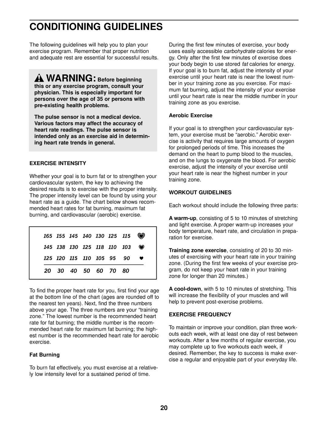 PYLE Audio PFEVEX19010 user manual Conditioning Guidelines, Exercise Intensity, Workout Guidelines, Exercise Frequency 