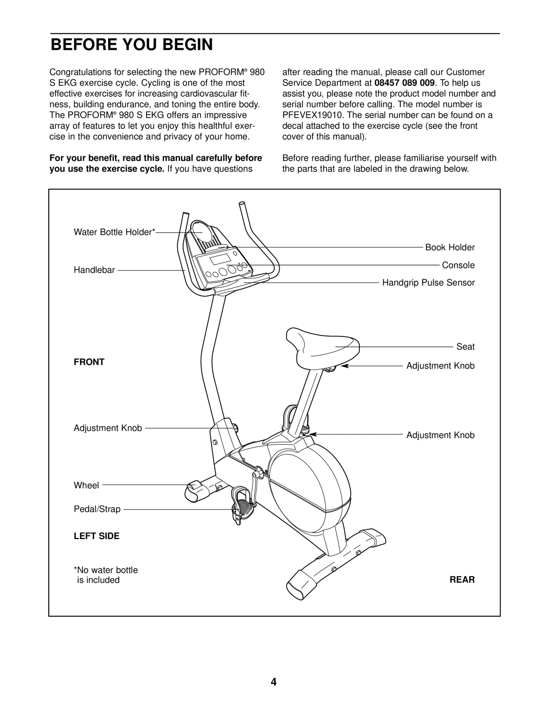 PYLE Audio PFEVEX19010 user manual Before YOU Begin, You use the exercise cycle, Front, Left Side 