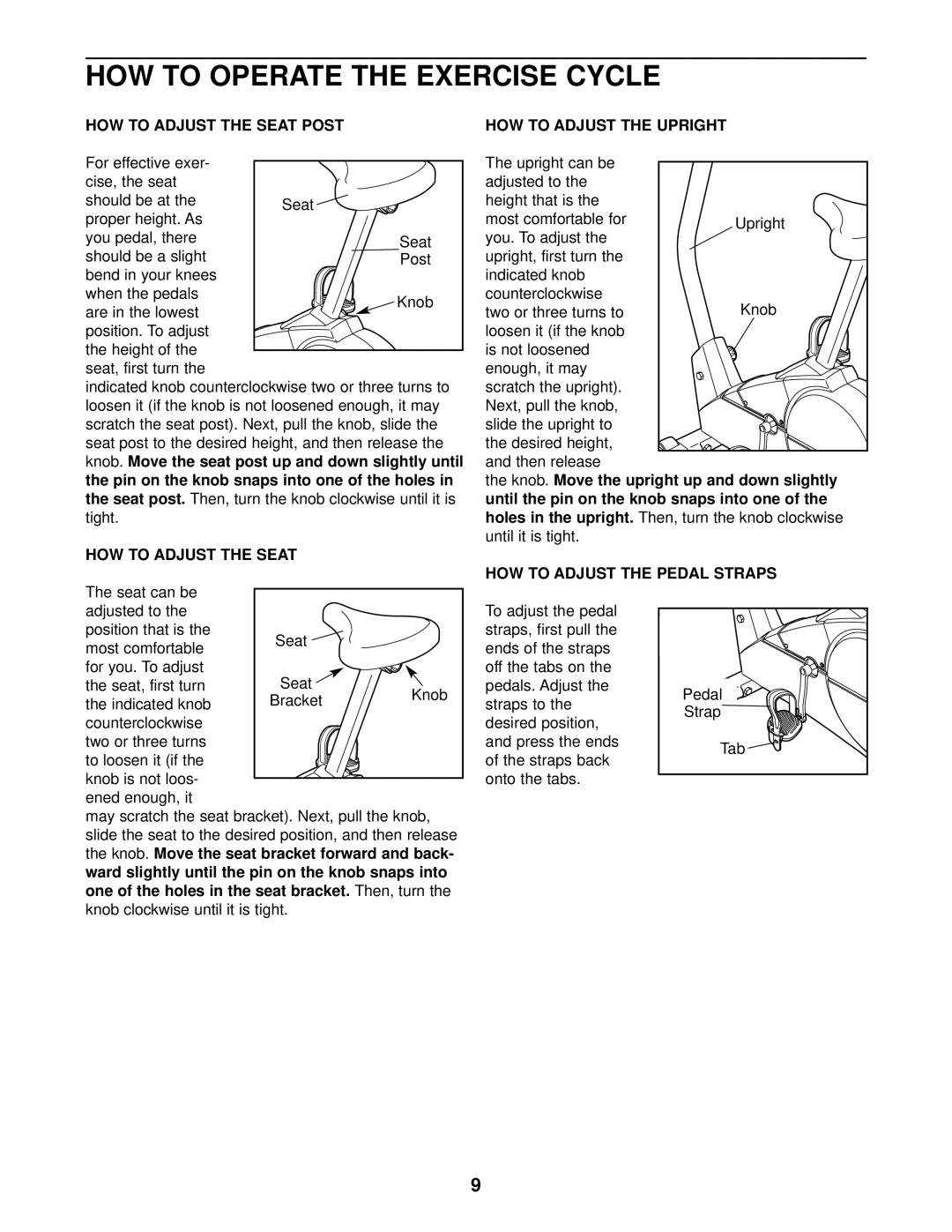 PYLE Audio PFEVEX19010 Seat post, Tight, HOW to Adjust the Seat, Holes in the upright, HOW to Adjust the Pedal Straps 