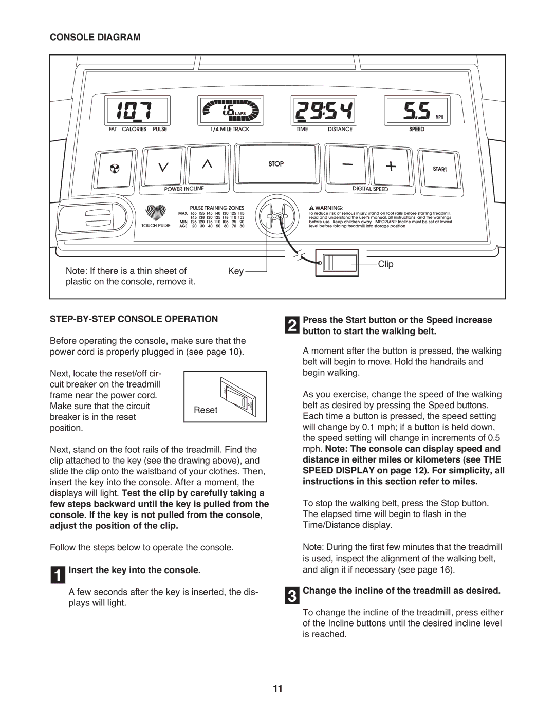 PYLE Audio PFTL31404.1 Console Diagram, Insert the key into the console, Change the incline of the treadmill as desired 