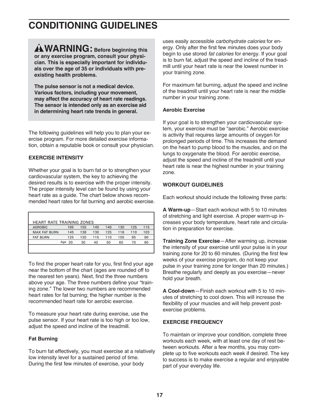 PYLE Audio PFTL31404.1 user manual Conditioning Guidelines, Exercise Intensity, Workout Guidelines, Exercise Frequency 