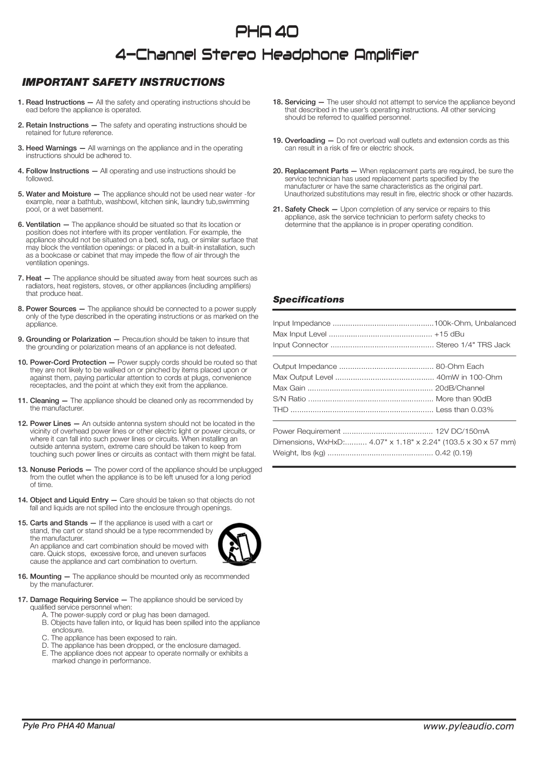 PYLE Audio PHA 40 important safety instructions Pha, Channel Stereo Headphone Amplifier, Important Safety Instructions 