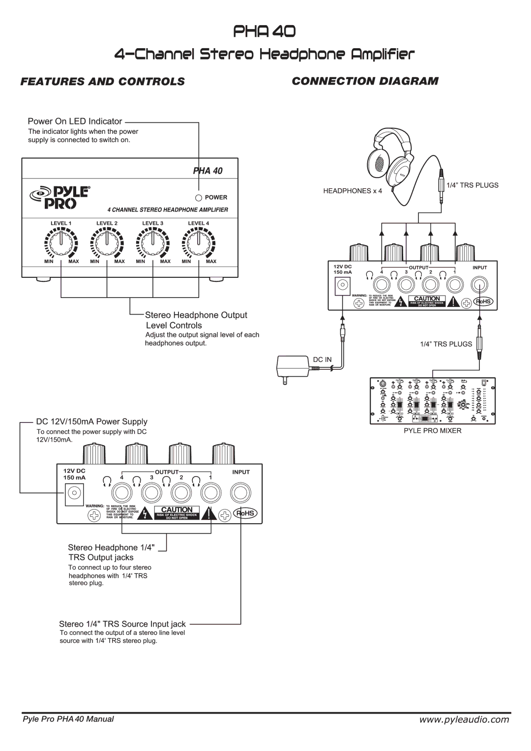 PYLE Audio PHA 40 important safety instructions Features and Controls Connection Diagram 