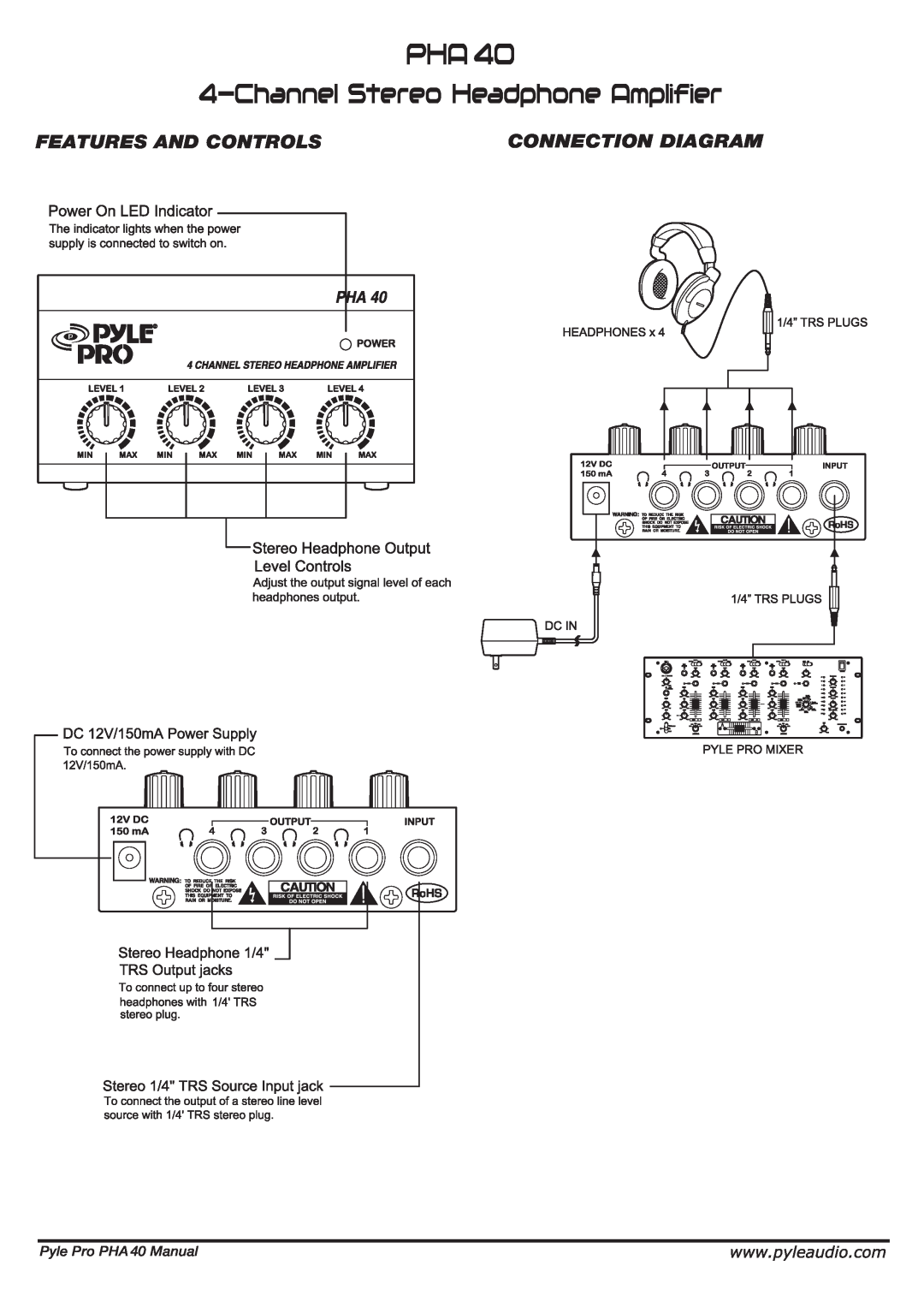 PYLE Audio Features And Controls, Connection Diagram, ChannelStereo Headphone Amplifier, Pyle Pro PHA 40 Manual 
