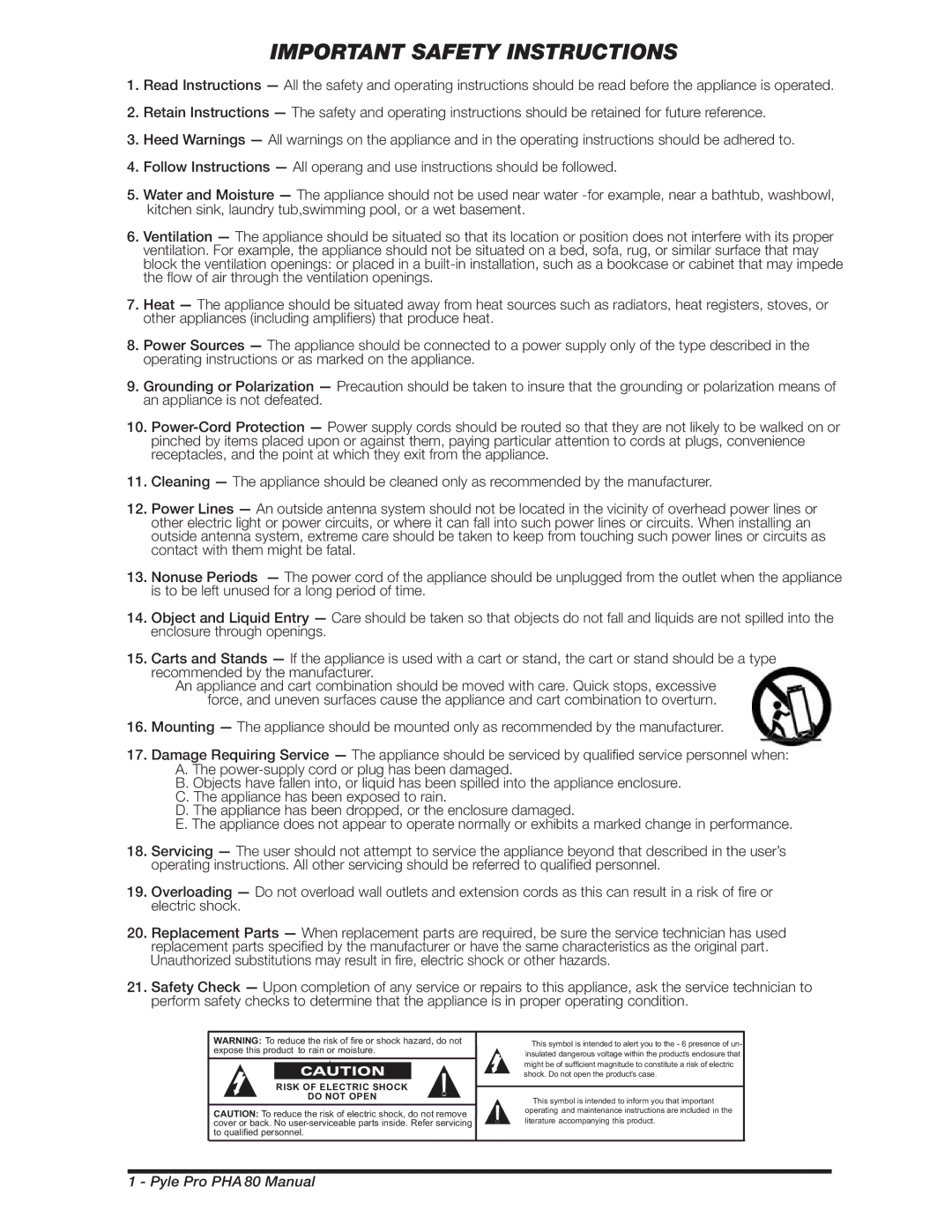 PYLE Audio PHA80 manual Important Safety Instructions 