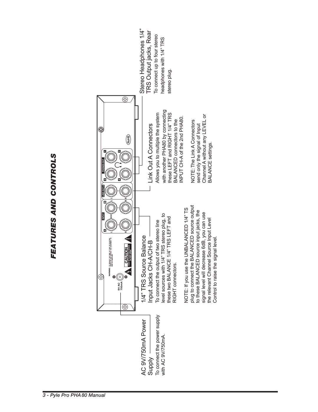 PYLE Audio PHA80 manual Features and Controls 