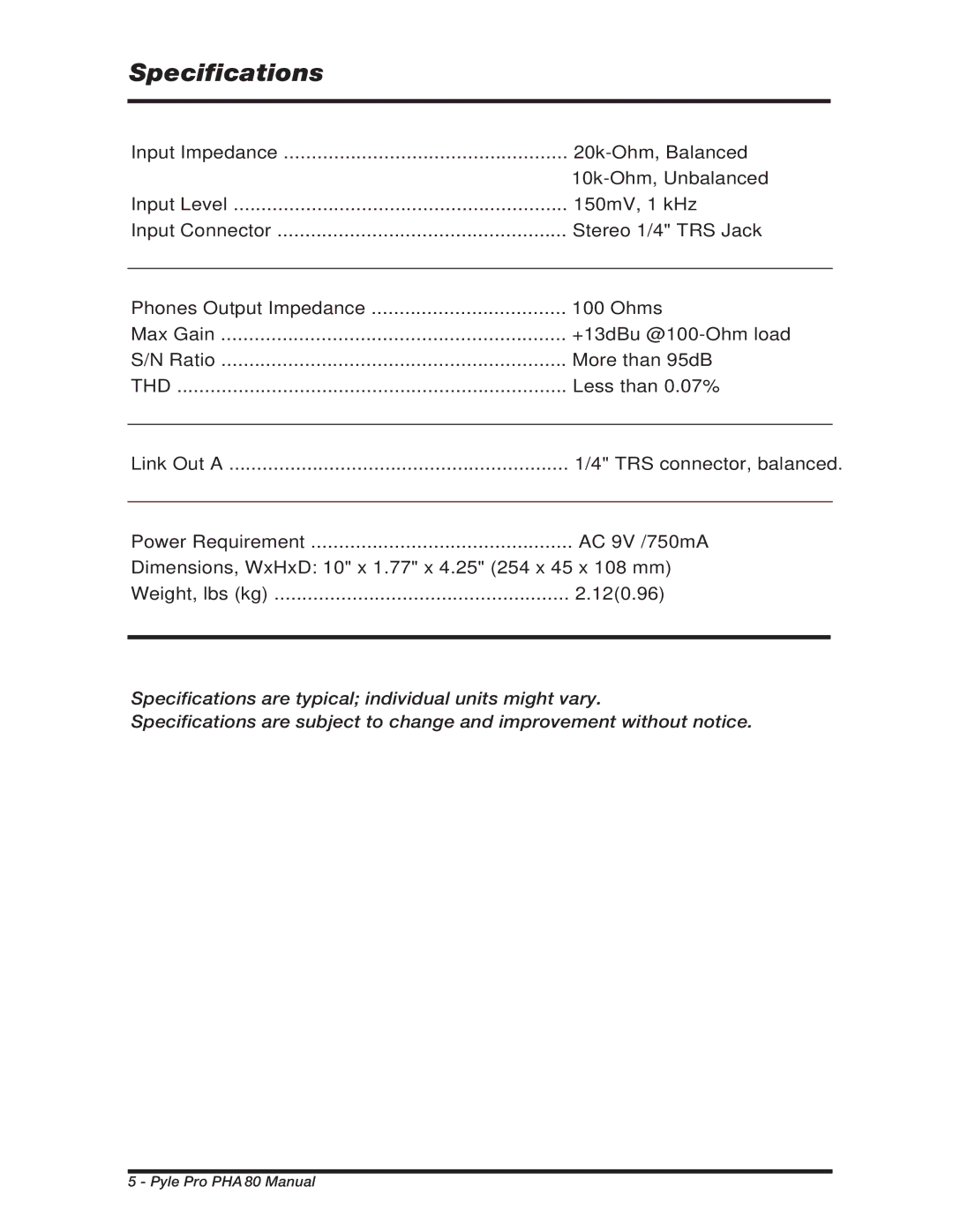 PYLE Audio PHA80 manual Specifications 