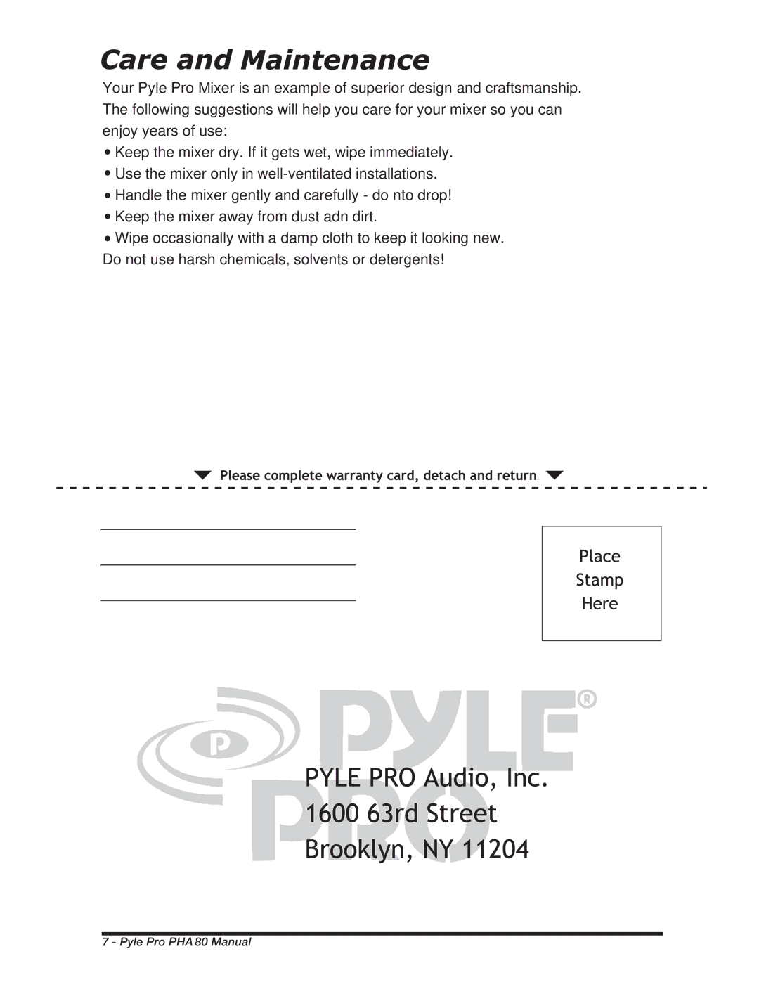 PYLE Audio PHA80 manual Pyle Pro PHA 80 Manual 