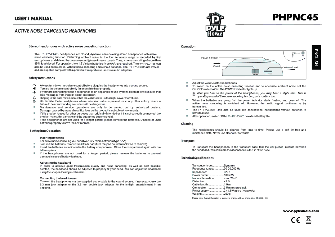 PYLE Audio PHPNC45 user manual Active Noise Canceling Headphones, Stereo headphones with active noise canceling function 