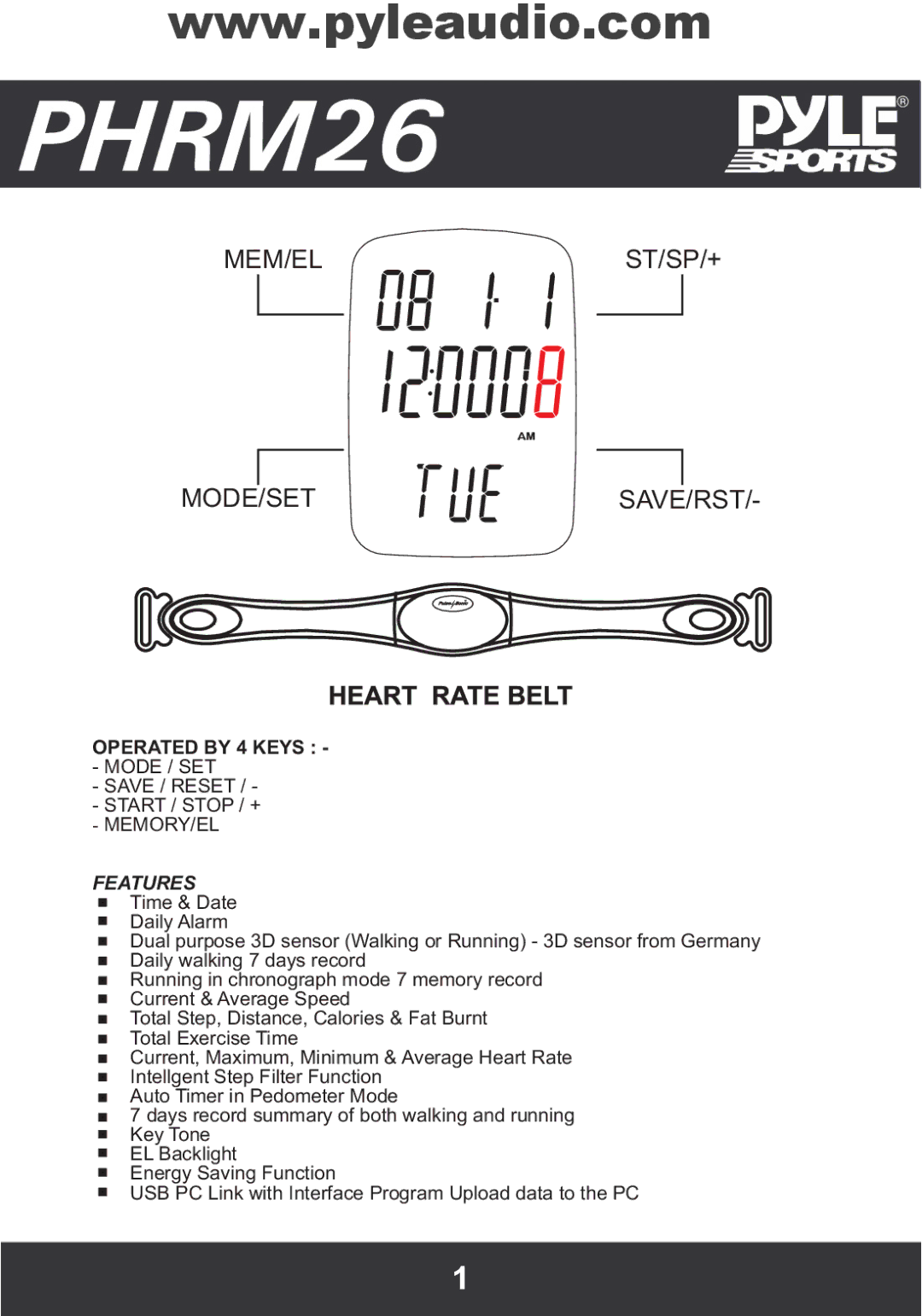 PYLE Audio PHRM26 manual Ultimate Fitness Experience, Operated by 4 Keys 