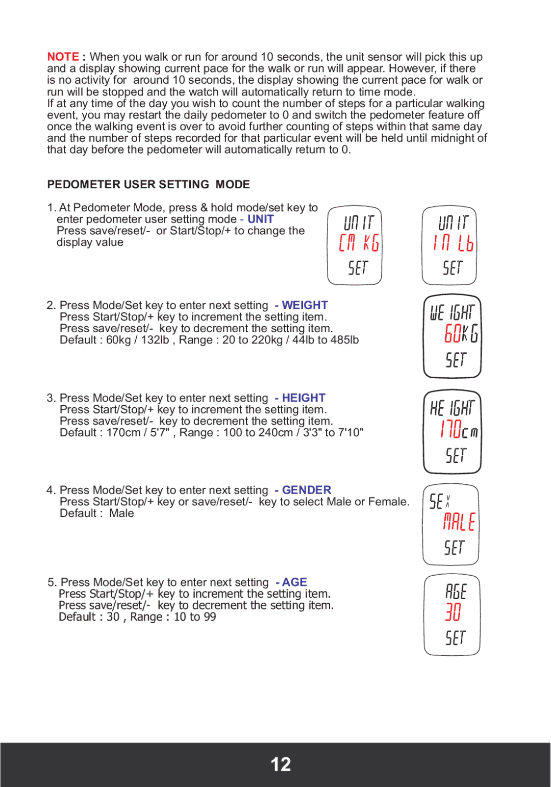 PYLE Audio PHRM26 manual Pedometer User Setting Mode 