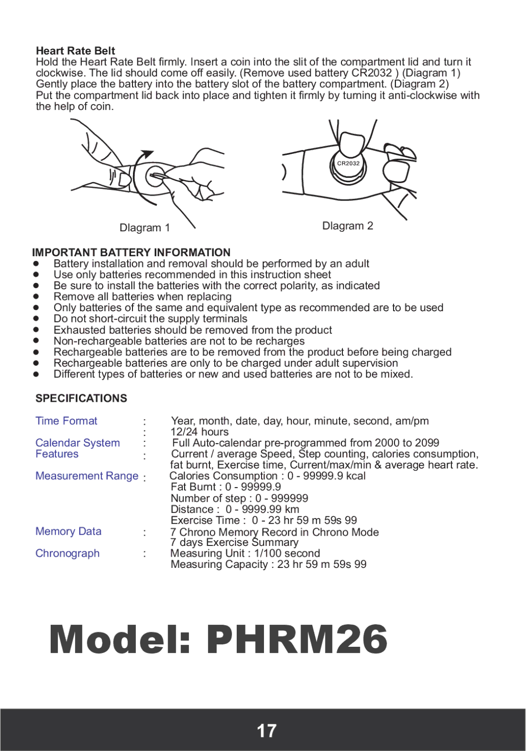 PYLE Audio PHRM26 manual Heart Rate Belt, Important Battery Information, Specifications 