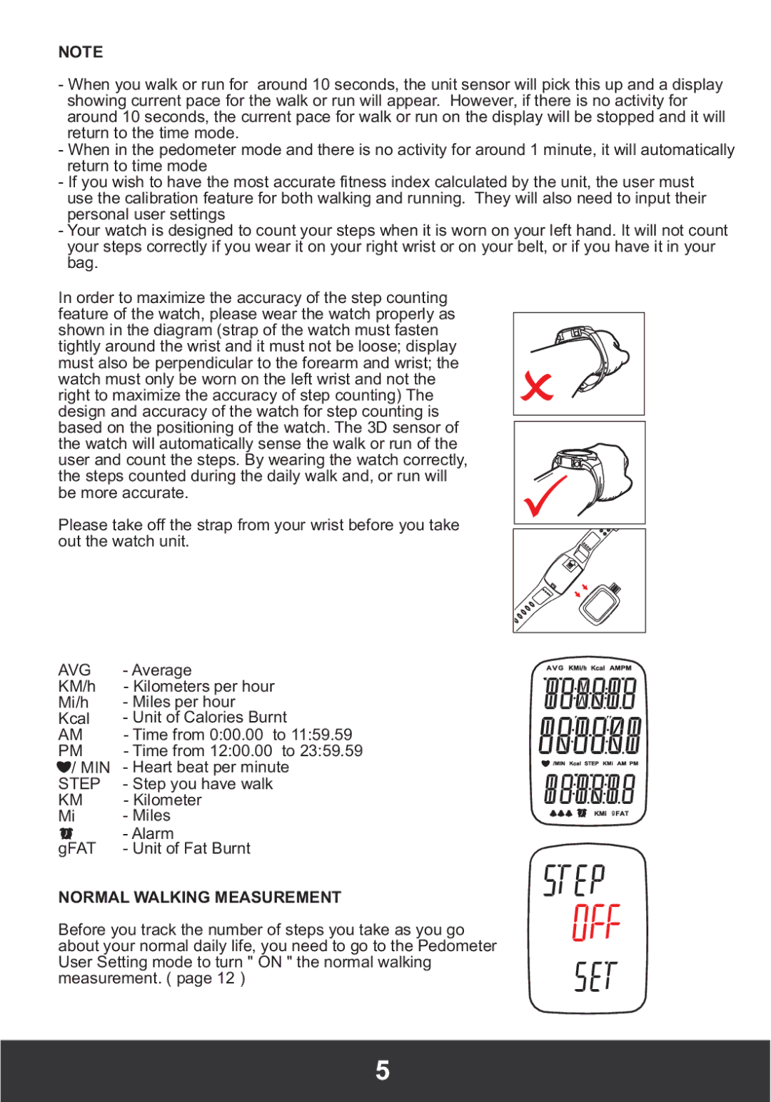 PYLE Audio PHRM26 manual Avg, Normal Walking Measurement 