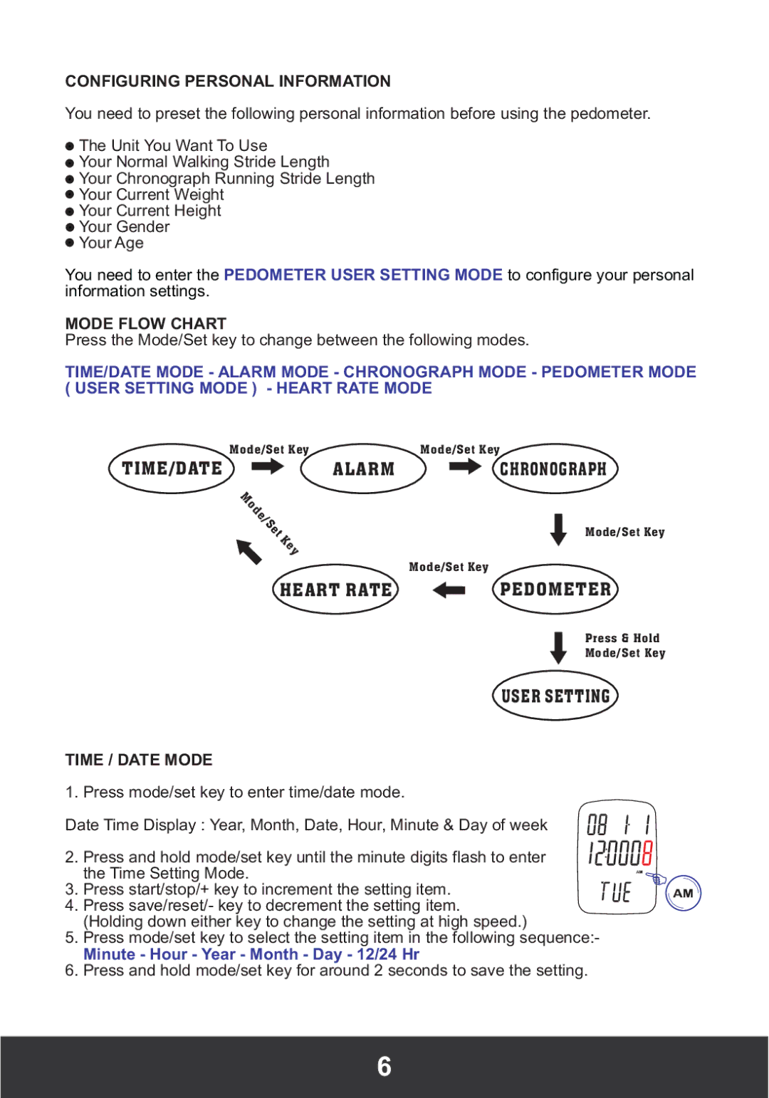 PYLE Audio PHRM26 manual Configuring Personal Information, Mode Flow Chart, Time / Date Mode 