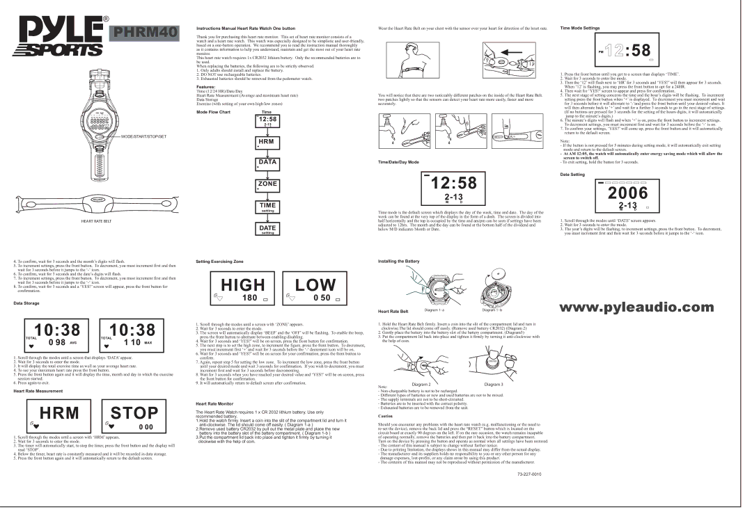 PYLE Audio PHRM40 instruction manual Instructions Manual Heart Rate Watch One button, Features, Mode Flow Chart Time 