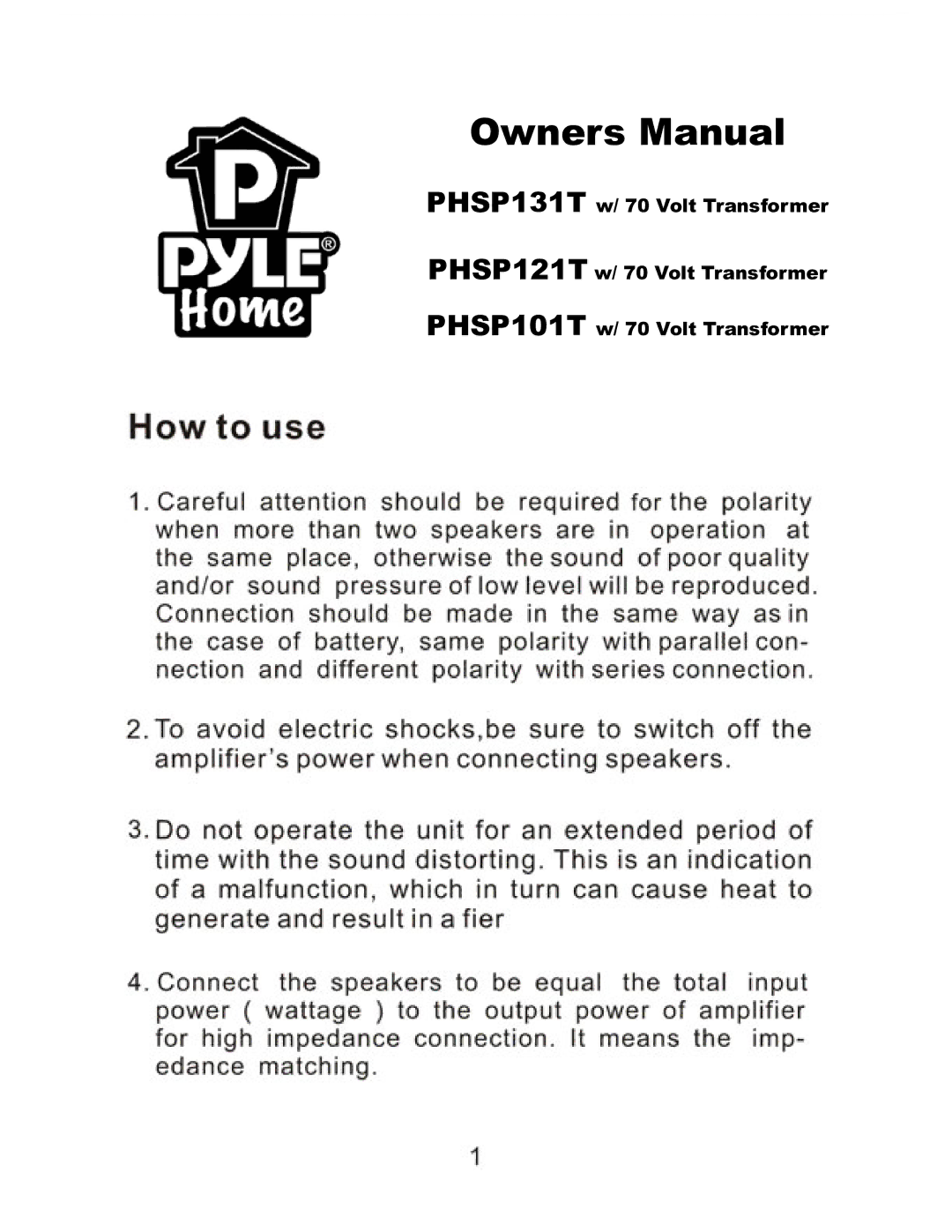 PYLE Audio PHSP101T, PHSP121T, PHSP131T owner manual 