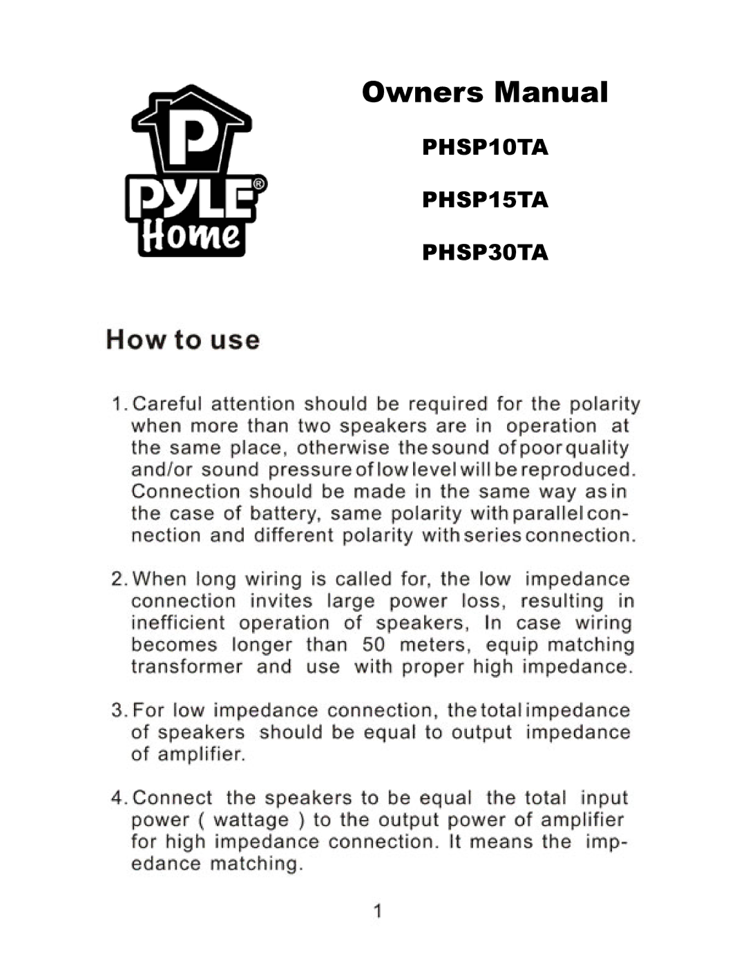 PYLE Audio owner manual PHSP10TA PHSP15TA PHSP30TA 