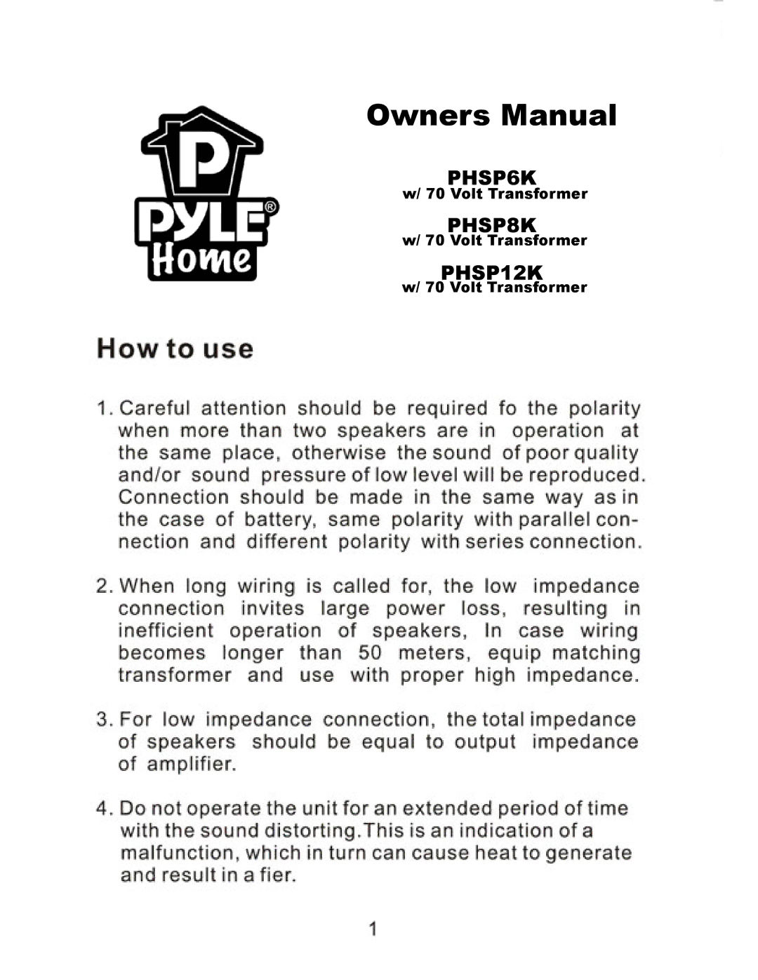 PYLE Audio PHSP8K, PHSP12K owner manual PHSP6K 