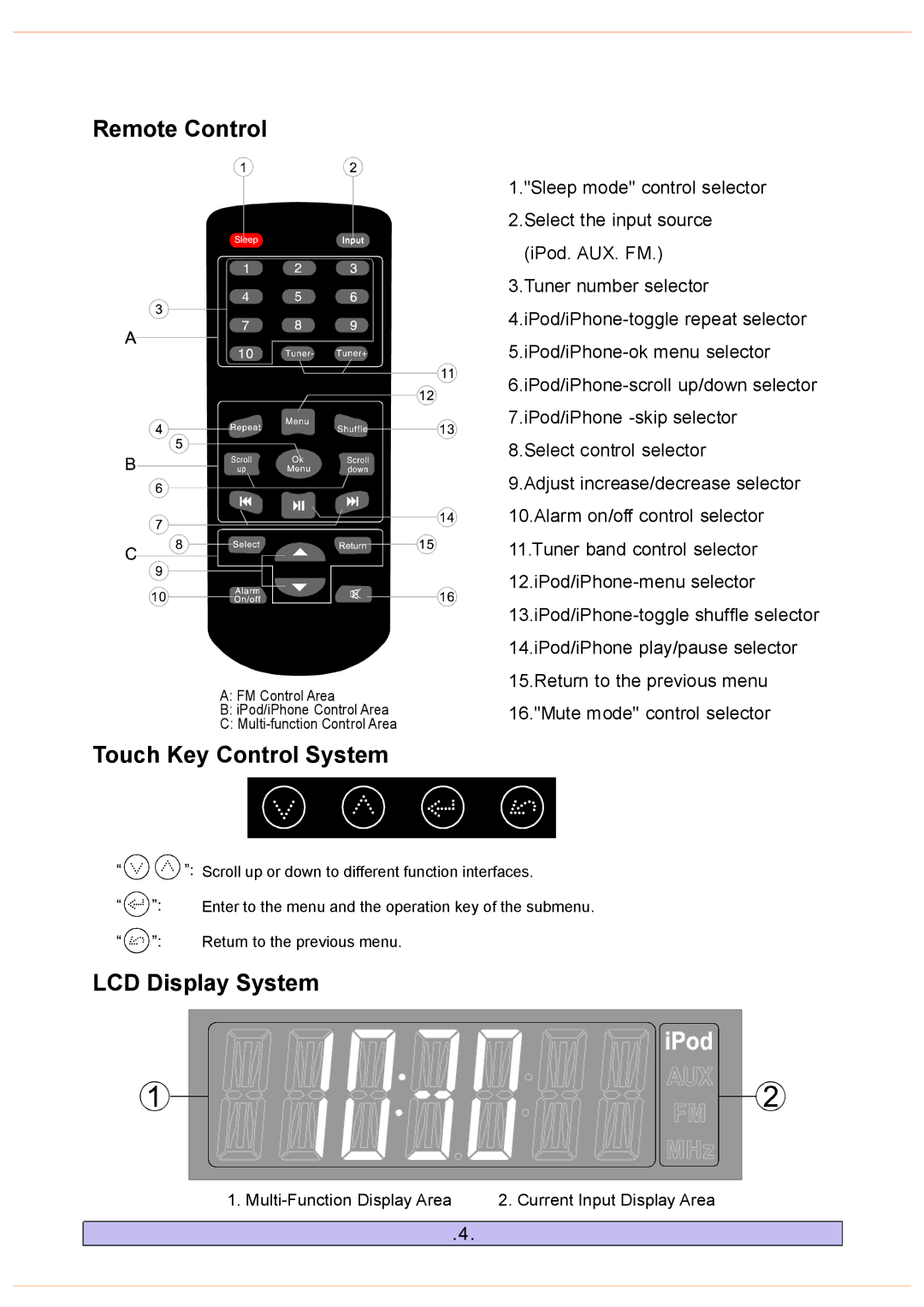 PYLE Audio PHST92 manual Remote Control, Touch Key Control System, LCD Display System 