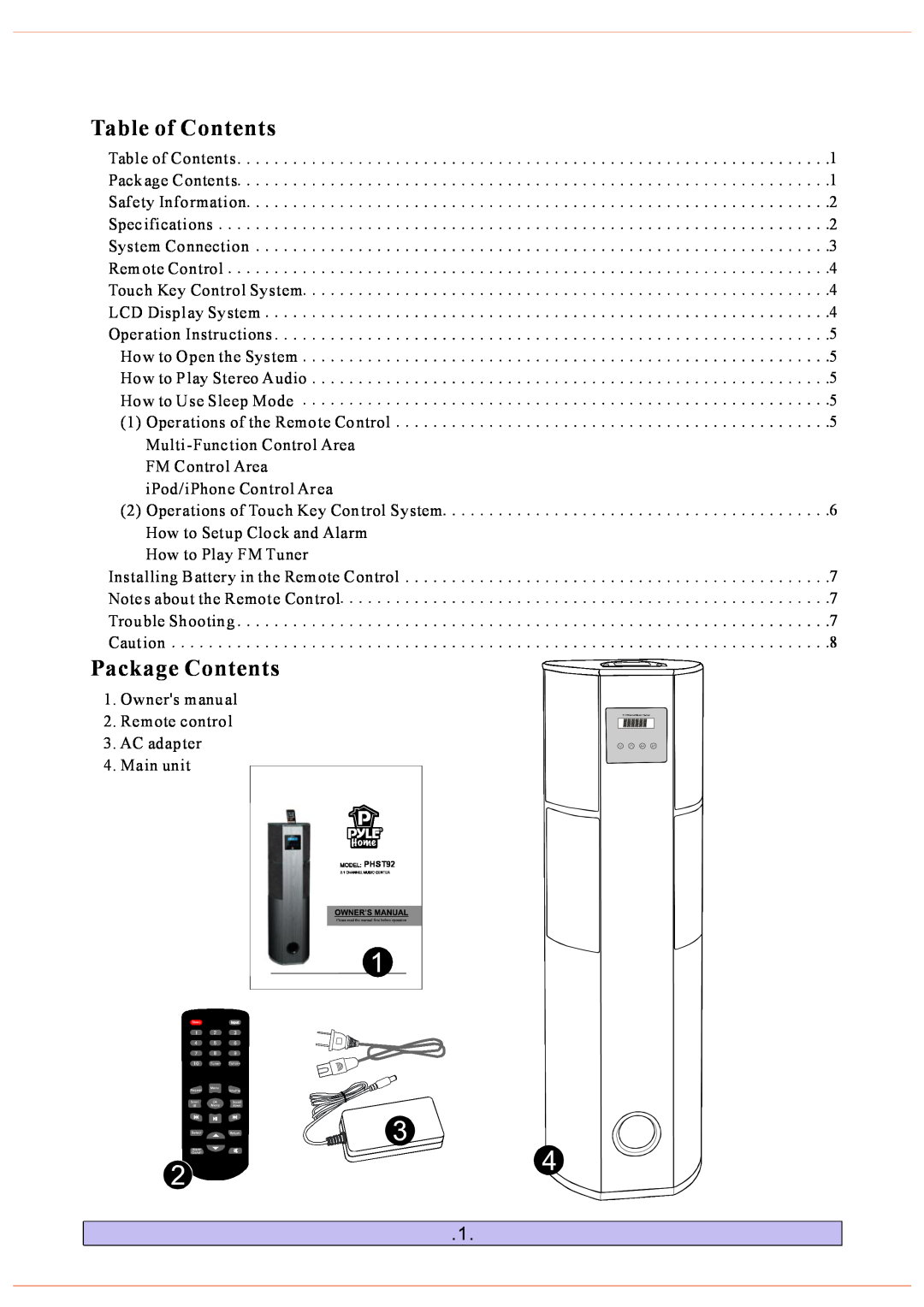 PYLE Audio PHST92 manual Table of Contents, Package Contents 