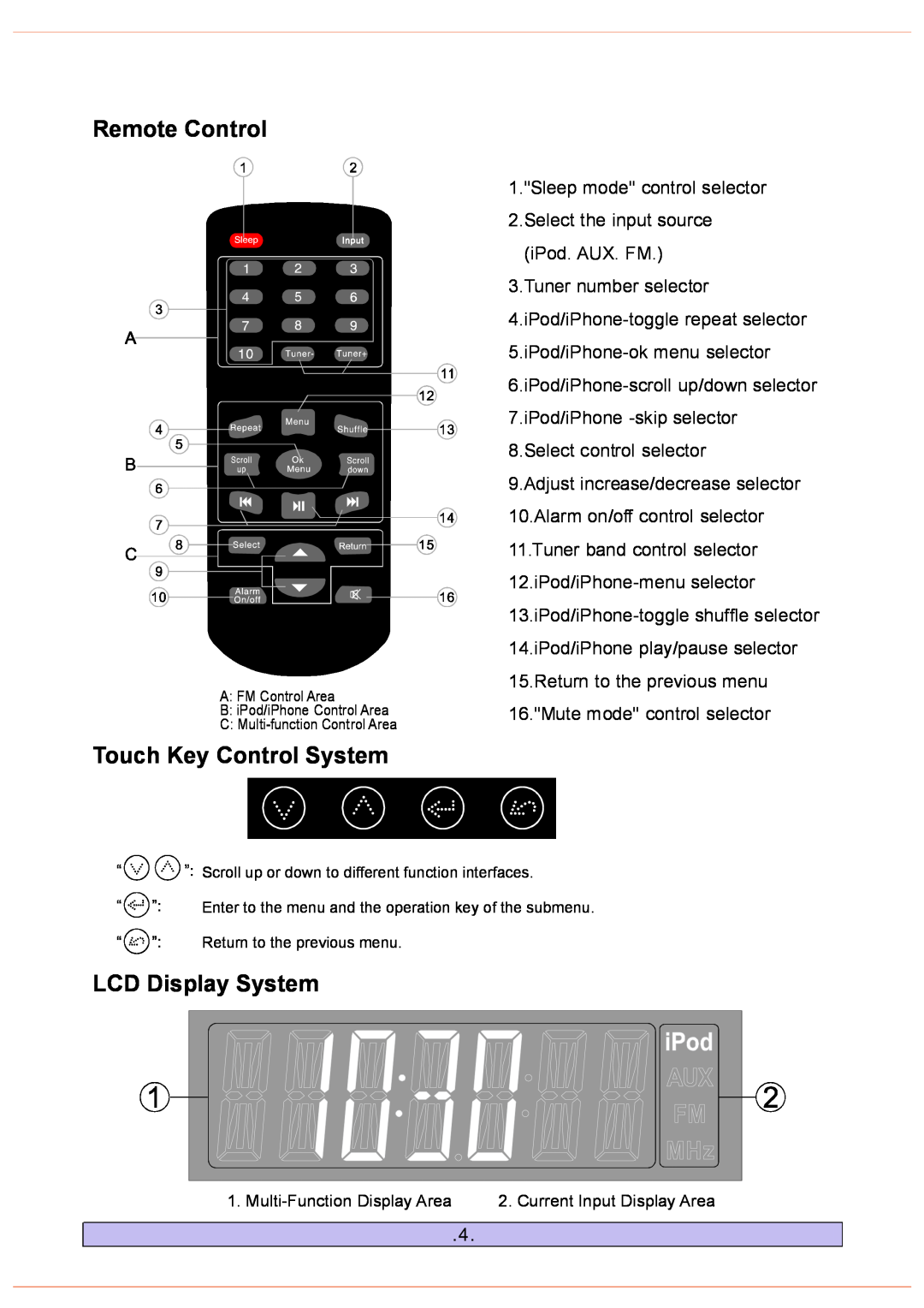 PYLE Audio PHST92 manual Remote Control, Touch Key Control System, LCD Display System, Multi-FunctionDisplay Area 