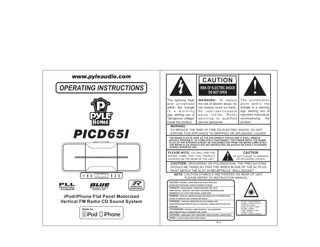 PYLE Audio PICD65I user service Remote, Display, Control 